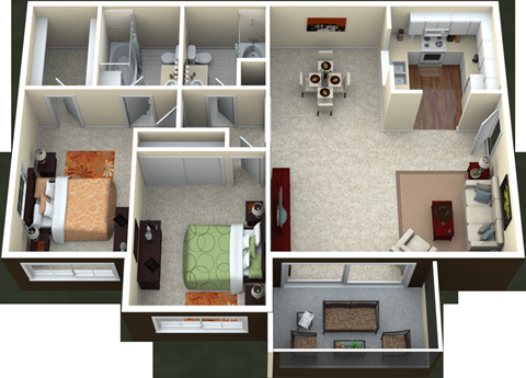 Floor plan for 2 beds, 2 baths, 1151 sqft